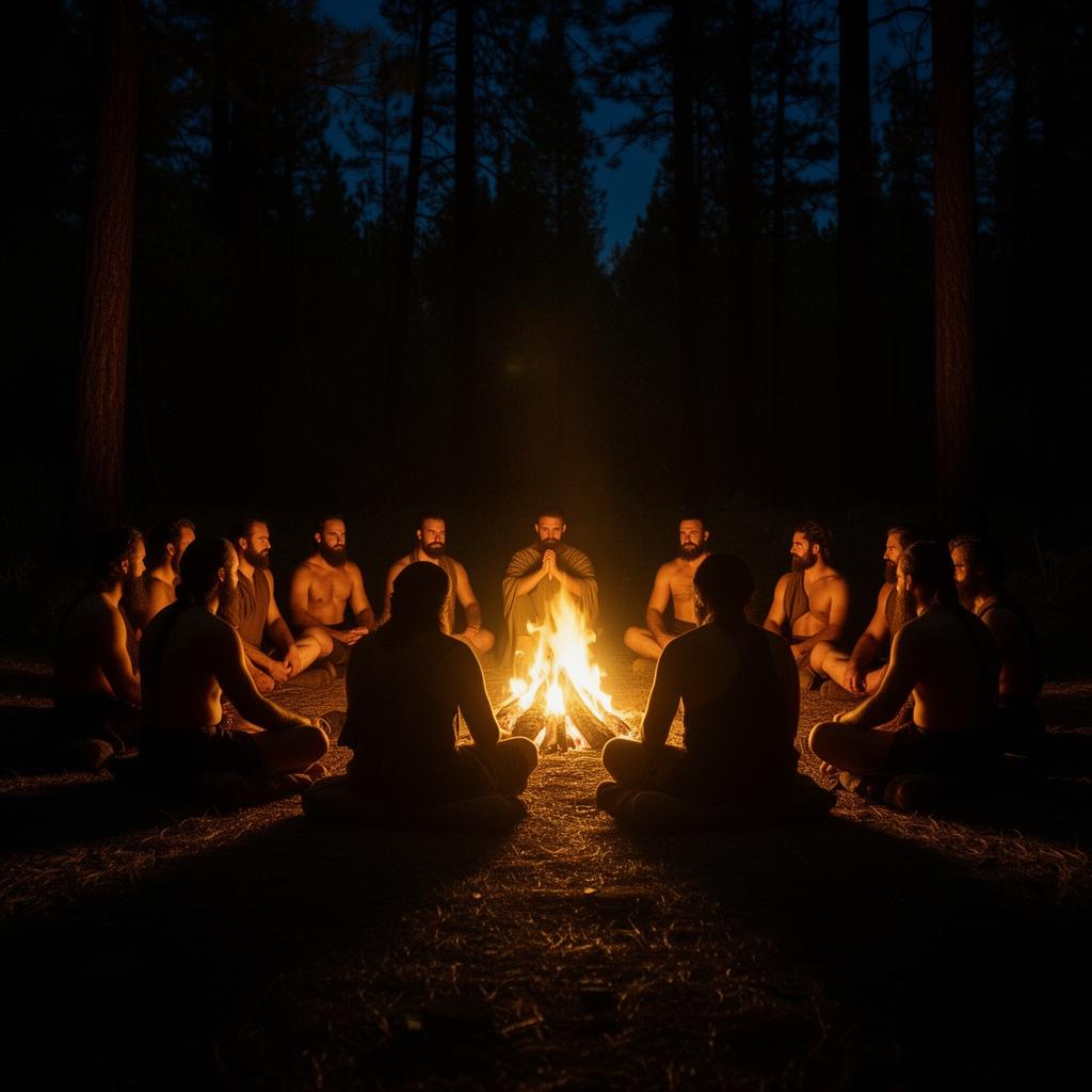 A circle of men gathered around fire at night